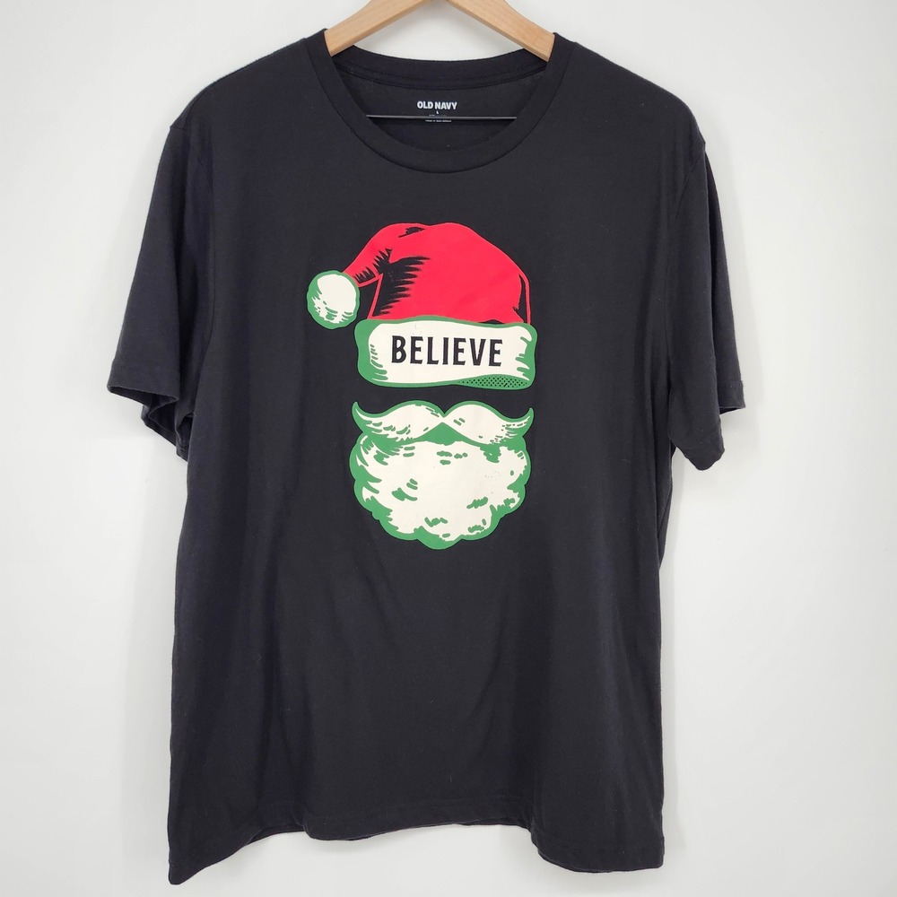 Old Navy Womens Santa Believe T-Shirt Size L Black Soft Washed Holiday Christmas
